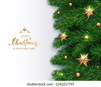 Holiday's Background with Season Wishes and Border of Realistic Looking Christmas Tree Branches With Gold Stars And Bubbles On White Background. Vector illustration