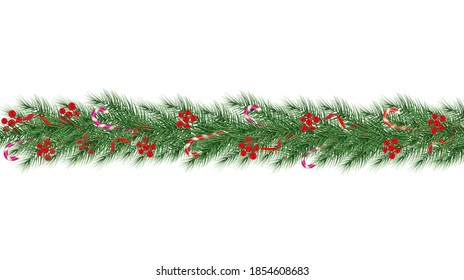 Holiday's Background with Season Wishes and Border of Realistic Looking Christmas Tree Branches Decorated with Berries. Vector