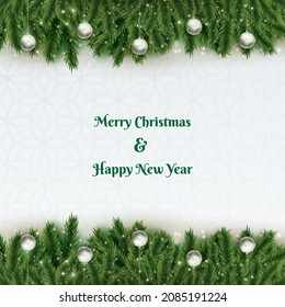 Holiday's Background with Season Wishes and Border of Realistic Looking Christmas Tree Branches Decorated with Berries, Stars and Candy Canes.
