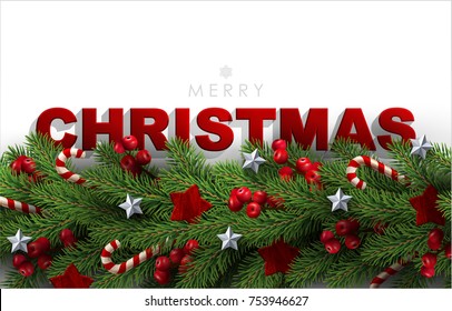 Holiday's Background with Season Wishes and Border of Realistic Looking Christmas Tree Branches Decorated with Berries, Stars and Candy Canes.