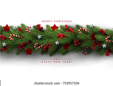 Holiday's Background with Season Wishes and Border of Realistic Looking Christmas Tree Branches Decorated with Berries, Stars and Candy Canes.