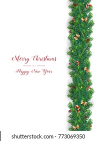 Holiday's Background with Season Wishes and Border of Realistic Looking Christmas Tree Branches Decorated with Berries, Bow and Candy Canes isolated on white