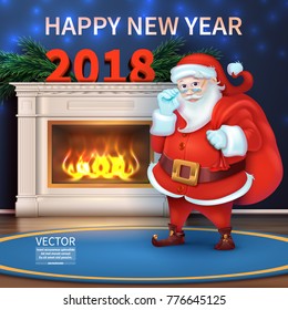 Holidays Background with Season Wishes. Merry christmas and happy new year 2018. Realistic Santa Claus Cartoon Cute Character. Beautiful fireplace.Vector illustration