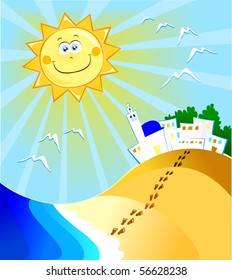 Holidays background with smiling sun, vector