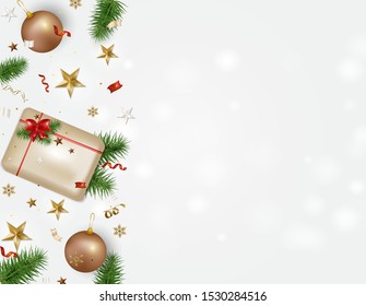 Holidays Background with space for text.Merry Christmas and Happy 2020 New Year  greeting card. Gift box, Christmas balls, snowflakes, serpentine, confetti, 3d stars.Vector.