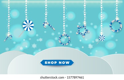 Holidays banner layout design template graphic abstract background with candys. Vector illustration