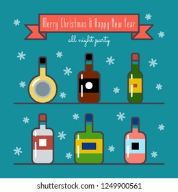 holidays banner: shelves with glass bottles of different alcoholic drinks for christmas or new year party