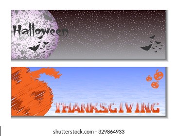 Holidays banners vector. Halloween on dark background with moon, bats and stars. Thanksgiving banner with pumpkins and red orange grass.
