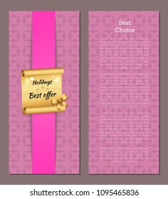 Holidays best offer and choice, posters collection pattern frame, text sample title, paper with bow, isolated on vector illustration pink background