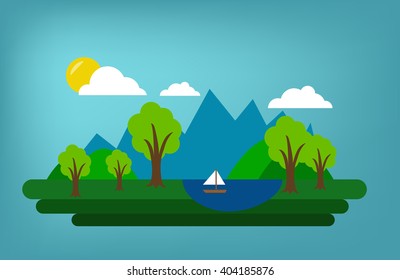 Holidays by the lake in the mountains. Simple vector background.