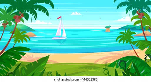 Holidays by the sea. landscape with a view of the ship into the sea and islands. Vector design illustration for web design development, natural landscape graphics.
