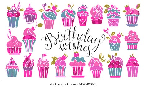 Holidays cakes set. Hand drawn isolated on white background. Birthday wishes handwritten font, lettering