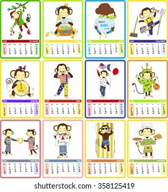 Holidays calendar for 2016 year. Holiday for each month is illustrated with symbol of 2016 year - cute monkey. Well organized and editable - months are on separate layers. 