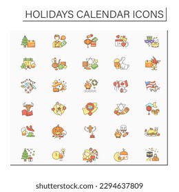 Holidays calendar color icons set. Traditional holiday is celebrated worldwide.Celebration concept. Isolated vector illustrations