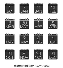 Holidays calendar glyph icons set. Wall calendars. Dates and occasions. Silhouette symbols. Vector isolated illustration