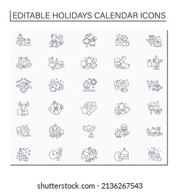Holidays calendar line icons set. Traditional holiday is celebrated worldwide.Celebration concept. Isolated vector illustration. Editable stroke