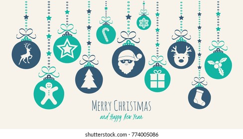 Holidays card with wishes "Merry Christmas" and ornaments. Vector.