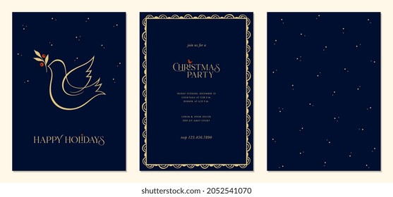 Holidays cards with Christmas Dove, bird, modern frame and background. Universal artistic templates. 