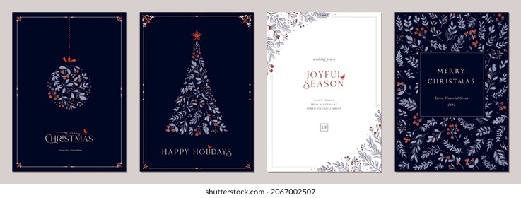 Holidays cards with Christmas Tree, birds, Christmas ornament, floral background, ornate frames and copy space. Universal modern artistic templates.  - Shutterstock ID 2067002507