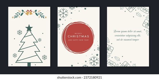 Holidays cards with Christmas Tree, Christmas ornament, backgrounds, ornate floral frames and copy space. Universal modern artistic templates.