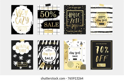 Holidays cards and posters design set. Winter, Christmas, Happy New Year templates sale banners, background, invitations, postcards, party or fashion advertisment collection. Gold style vector eps 10