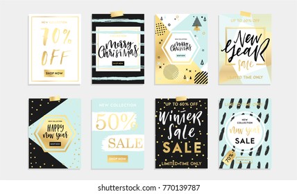 Holidays cards and posters design set. Winter, Christmas, Happy New Year templates sale banners, background, invitations, postcards, party or fashion advertisment collection. Gold style vector eps 10