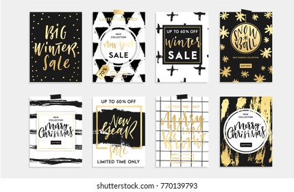 Juego de diseño de tarjetas de vacaciones y carteles. Invierno, Navidad, Feliz Año Nuevo plantillas venta banners, fondo, invitaciones, postales, fiesta o colección publicitaria de moda. Pasos vectoriales de estilo dorado 10