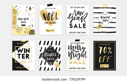 Holidays cards and posters design set. Winter, Christmas, Happy New Year templates sale banners, background, invitations, postcards, party or fashion advertisment collection. Gold style vector eps 10