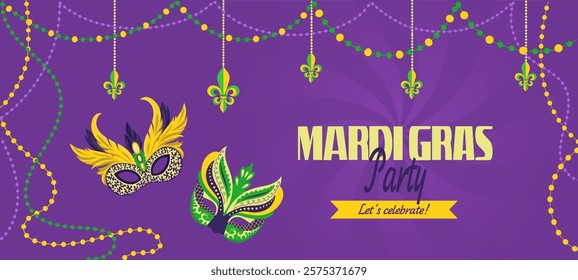 Holidays carnival horizontal banner with masks Mardi Gras vector templates with masquerade party face disguise accessory capturing spirit of celebration Design for print, party invitation, event flyer