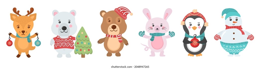 Holidays cartoon character in flat design. Greeting flyers. Hand drawn card, banner with Christmas cute animals and snowmen in Santa Claus hats, sweaters, lights. Vector illustration.