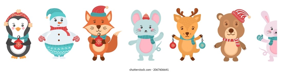 Holidays cartoon character in flat design. Greeting flyers. Hand drawn card, banner with Christmas cute animals and snowmen in Santa Claus hats, sweaters, lights. Vector illustration.