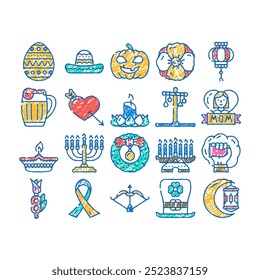 holidays celebration accessories doodle icons set vector. sketch line art mother and 8th march international women day, holi and halloween, christmas and chinese new year celebrate color illustrations