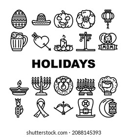 Holidays Celebration Accessories Icons Set Vector. Mother And 8th March International Women Day, Holi And Halloween, Christmas And Chinese New Year Celebrate Holidays Black Contour Illustrations