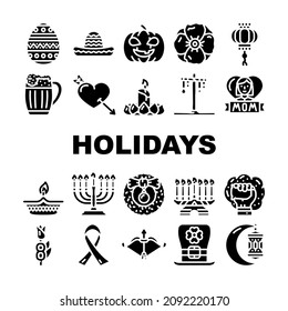 Holidays Celebration Accessories Icons Set Vector. Mother And 8th March International Women Day, Holi And Halloween, Christmas Chinese New Year Celebrate Holidays Glyph Pictograms Black Illustrations