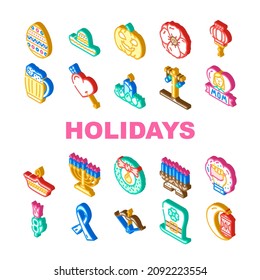 Holidays Celebration Accessories Icons Set Vector. Mother And 8th March International Women Day, Holi And Halloween, Christmas Chinese New Year Celebrate Holidays Isometric Sign Color Illustrations