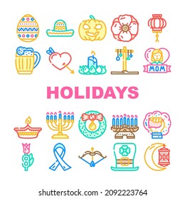 Accesorios de celebración de vacaciones Iconos Set Vector. Día Internacional De La Mujer Madre Y 8 De Marzo, Holi Y Halloween, Navidad Y Año Nuevo Chino Celebran Fiestas. Ilustraciones de color