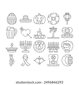 Holidays Celebration Accessories Icons Set Vector. Mother And 8th March International Women Day, Holi And Halloween, Christmas And Chinese New Year Celebrate Holidays Black Contour Illustrations