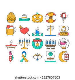 Holidays Celebration Accessories Icons Set Vector. Mother And 8th March International Women Day, Holi And Halloween, Christmas And Chinese New Year Celebrate Holidays color Contour Illustrations