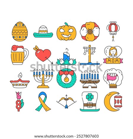 Holidays Celebration Accessories Icons Set Vector. Mother And 8th March International Women Day, Holi And Halloween, Christmas And Chinese New Year Celebrate Holidays color Contour Illustrations