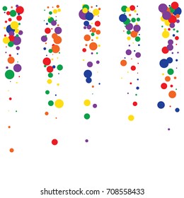 Holidays celebration vector confetti. Rainbow colored festive background. Christmas, new year, birthday celebration falling circles. Discount glitter background. Red, green, blue, yellow, orange dots.