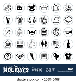 Holidays and celebration web icons set. Hand drawn sketch illustration isolated on white background