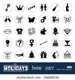 Holidays and celebration web icons set. Hand drawn sketch illustration isolated on white background