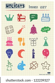 Holidays and celebration web icons set drawn by color pencils. Hand drawn vector elements pack isolated on paper