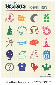 Holidays and celebration web icons set drawn by color pencils. Hand drawn vector elements pack isolated on paper