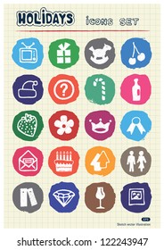 Holidays and celebration web icons set drawn by chalk. Hand drawn vector elements pack isolated on paper