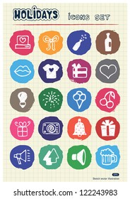 Holidays and celebration web icons set drawn by chalk. Hand drawn vector elements pack isolated on paper