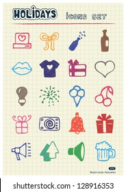 Holidays and celebration web icons set drawn by color pencils. Hand drawn vector elements pack isolated on paper