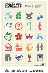 Holidays and celebration web icons set drawn by color pencils. Hand drawn vector elements pack isolated on paper