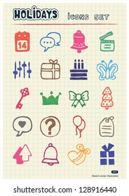 Holidays and celebration web icons set drawn by color pencils. Hand drawn vector elements pack isolated on paper