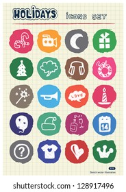 Holidays and celebration web icons set drawn by chalk. Hand drawn vector elements pack isolated on paper